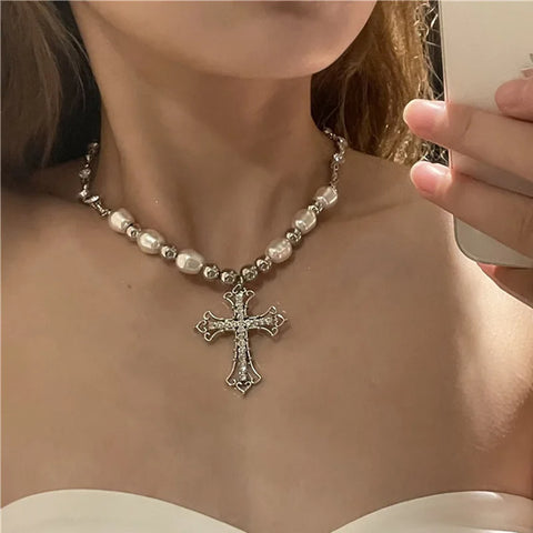 Pearl Cross Pendant Necklace Religious Zircon Chain