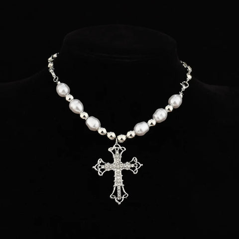 Pearl Cross Pendant Necklace Religious Zircon Chain