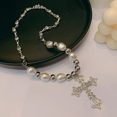 Pearl Cross Pendant Necklace Religious Zircon Chain