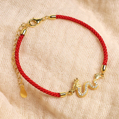 Sterling Silver Year Of The Dragon Auspicious Golden  Luck Red Rope Chain Bracelet