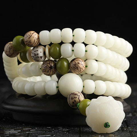 Pulsera de collar de armonía de jade blanco Bodhi Lotus Mala