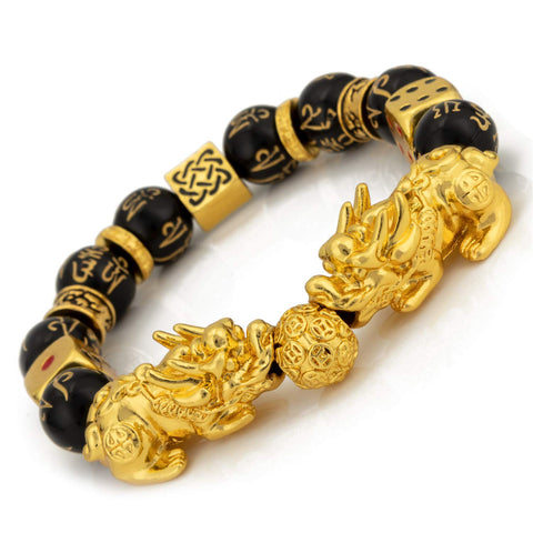 Feng Shui Bracelet Prosperity Double Pi Xiu/Pi Yao Black Mantra Bead Bracelet with Golden Dice Attract Wealth and Good Luck