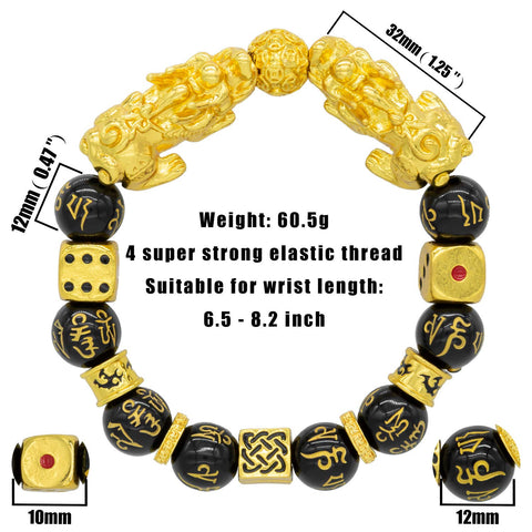 Feng Shui Bracelet Prosperity Double Pi Xiu/Pi Yao Black Mantra Bead Bracelet with Golden Dice Attract Wealth and Good Luck