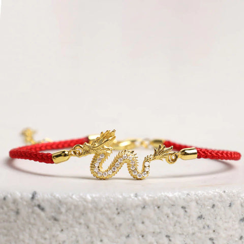 Sterling Silver Year Of The Dragon Auspicious Golden  Luck Red Rope Chain Bracelet