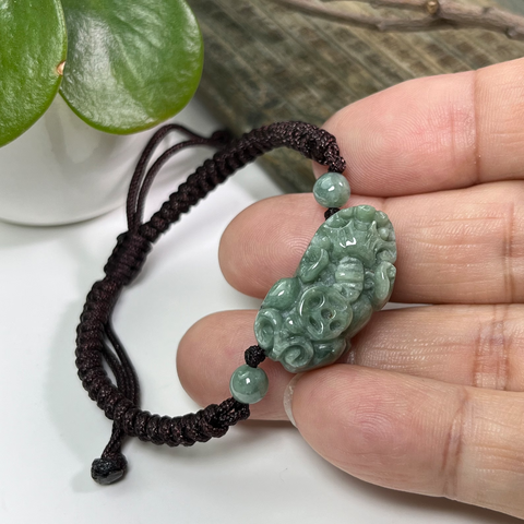 Jade Pixiu Bracelet, Real Jadeite Carved Pi Yao Chinese Character Fu Armband