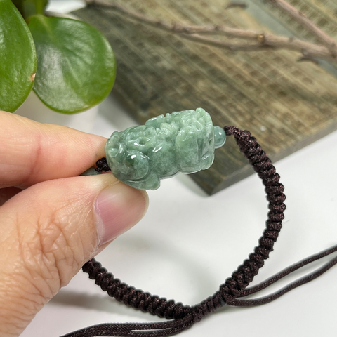 Jade Pixiu Bracelet, Real Jadeite Carved Pi Yao Chinese Character Fu Armband