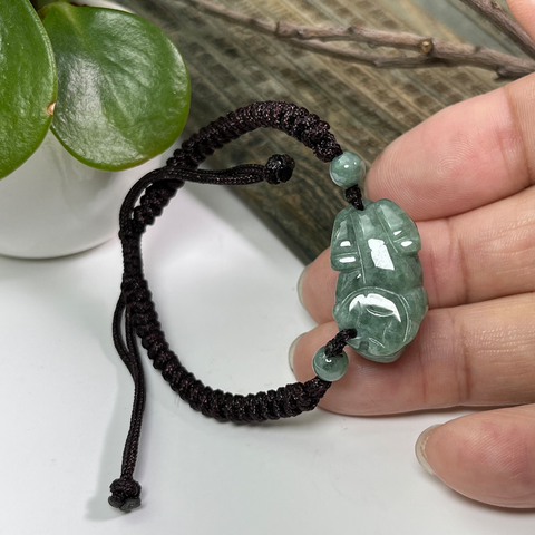 Jade Pixiu Bracelet, Real Jadeite Carved Pi Yao Chinese Character Fu Armband