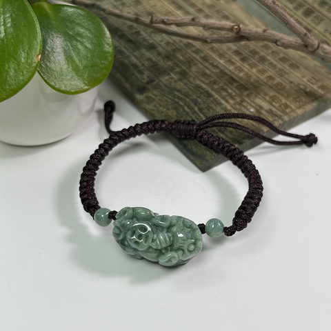 Jade Pixiu Bracelet, Real Jadeite Carved Pi Yao Chinese Character Fu Armband