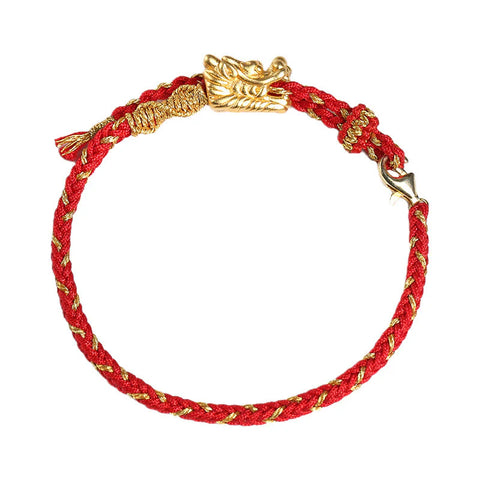 Pulsera trenzada de hilo rojo con nudo de ocho hilos de la suerte del dragón hecha a mano en plata de ley