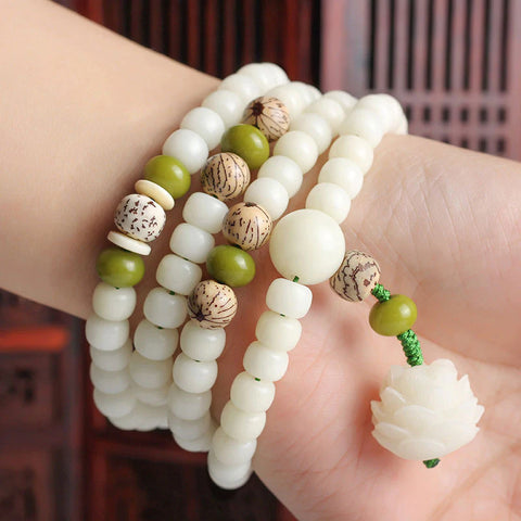 White Jade Bodhi Lotus Mala Harmony Necklace Bracelet