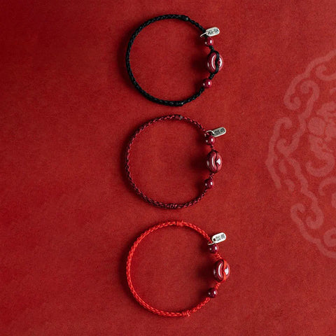 Buddha Stones Handmade Cinnabar Peace Buckle Safe and Healthy Charm Blessing String Bracelet Anklet