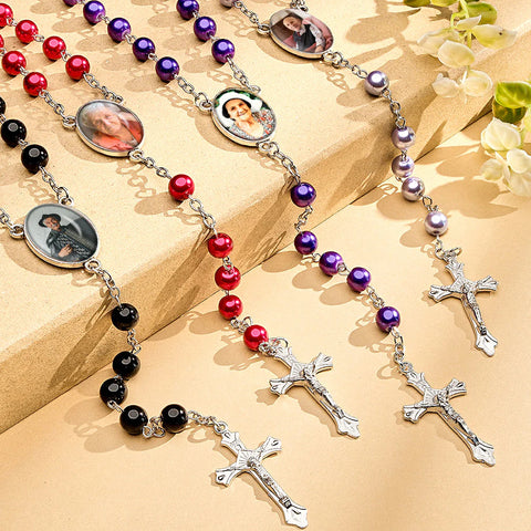 Custom Rosary Beads Cross Necklace Sentimental Memorial Gifts For Catholics Necklace With Photo