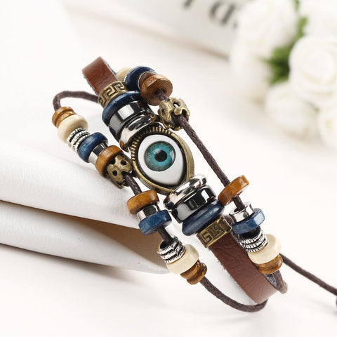 Pulsera estilo bohemio con cuentas de cuero multicapa retro