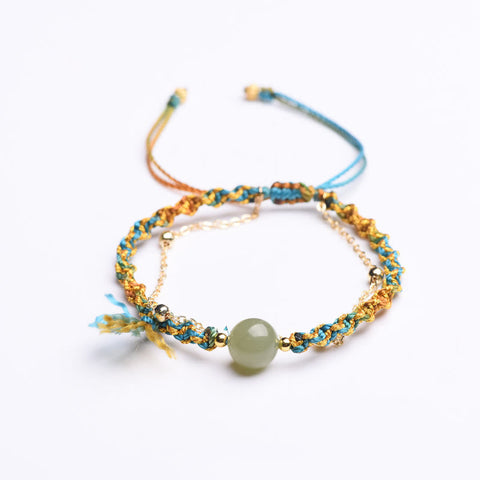 Handmade Colorful Rope Luck Jade Bead Abundance Double Layer Bracelet