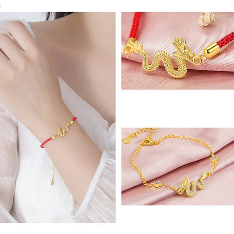 Sterling Silver Year Of The Dragon Auspicious Golden  Luck Red Rope Chain Bracelet