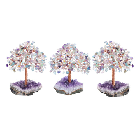 Árbol de cristal hecho a mano Árbol de la vida de cuarzo rosa con base de amatista