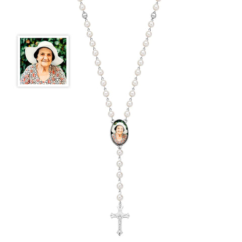 Collar de cruz con cuentas de Rosario personalizado, collar de oración conmemorativa sentimental con foto, regalo Memorable para mujeres