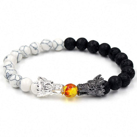 Black Lava & White Howlite Buddha Dragon Beaded Stone Bracelet, Good Luck Charm Jewelry Gift Adjustable