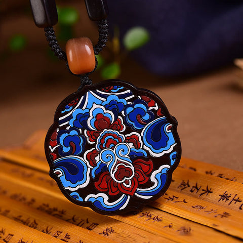 Hand-painted Auspicious Clouds Ebony Wood Fu Character Peace Necklace Pendant