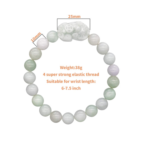 Fengshui Pixiu/Piyao10mm Bead White Real Jade Bracelet For Women Men, Attract Wealth and Good Luck Light Green