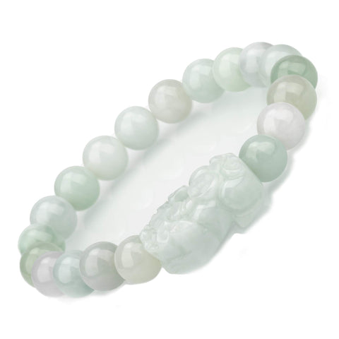 Fengshui Pixiu/Piyao10mm Bead White Real Jade Bracelet For Women Men, Attract Wealth and Good Luck Light Green