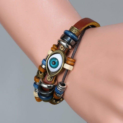 Pulsera estilo bohemio con cuentas de cuero multicapa retro