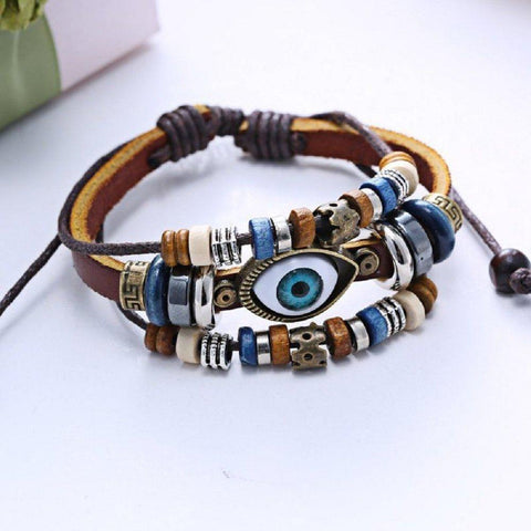 Pulsera estilo bohemio con cuentas de cuero multicapa retro