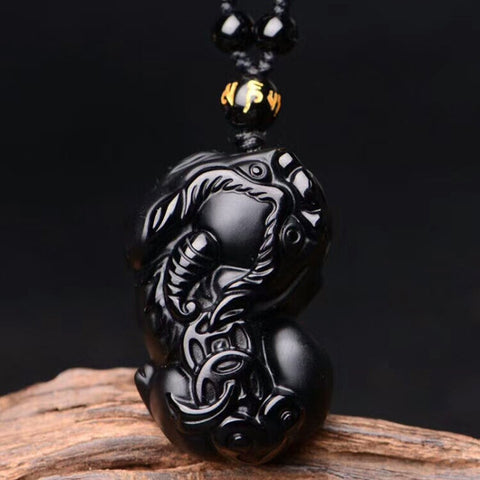 Black Obsidian Pixiu Necklace - Wealth Protection