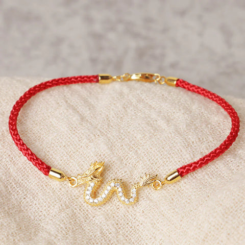 Sterling Silver Year Of The Dragon Auspicious Golden  Luck Red Rope Chain Bracelet