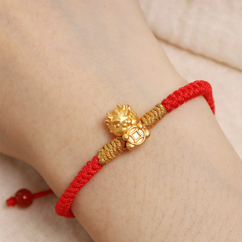 Silver Year of the Dragon Copper Coin Fortune Dragon Fu Character Luck Handcrafted Red String Braided Bracelet