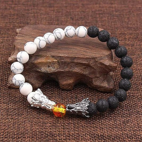 Black Lava & White Howlite Buddha Dragon Beaded Stone Bracelet, Good Luck Charm Jewelry Gift Adjustable