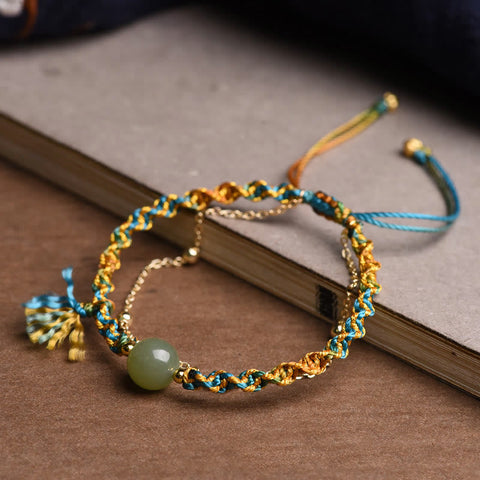 Handmade Colorful Rope Luck Jade Bead Abundance Double Layer Bracelet