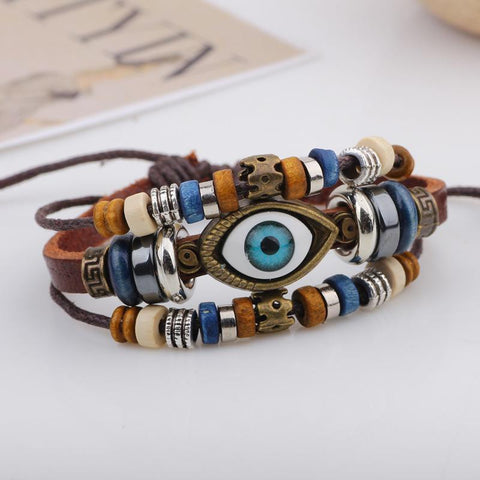 Pulsera estilo bohemio con cuentas de cuero multicapa retro