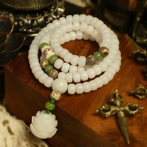 Pulsera de collar de armonía de jade blanco Bodhi Lotus Mala