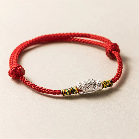 Sterling Silver Year of the Dragon Luck Strength Red Rope Bracelet