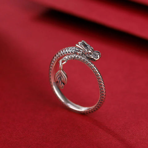 Silver Vintage Year of the Dragon Luck Protection Strength Adjustable Ring