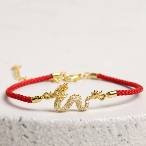 Sterling Silver Year Of The Dragon Auspicious Golden  Luck Red Rope Chain Bracelet