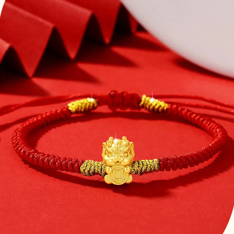 Silver Year of the Dragon Copper Coin Fortune Dragon Fu Character Luck Handcrafted Red String Braided Bracelet