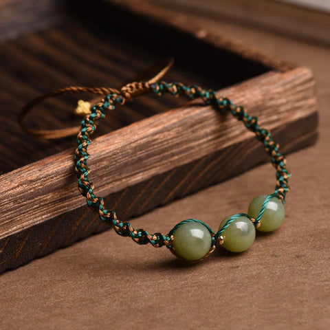 Handmade Rope Luck Three Jade Bead Abundance Bracelet