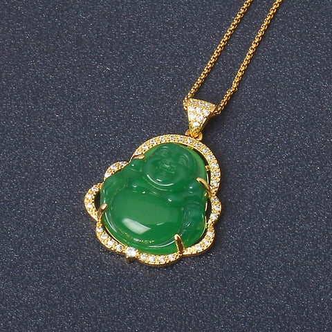 Laughing Buddha Necklace  Green Jade Buddha Pendant  , Lucky Buddha Necklace