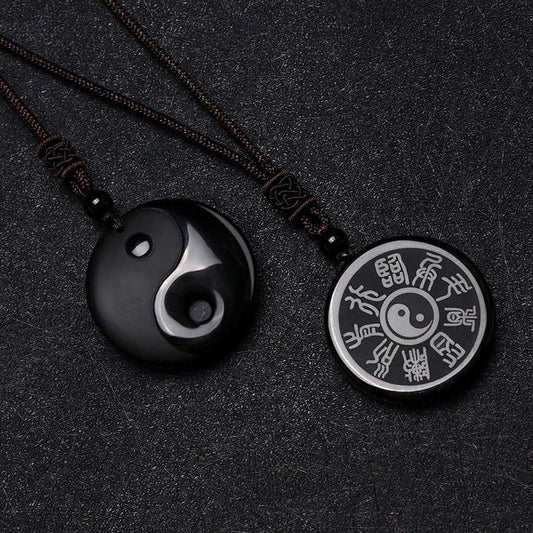 Black Obsidian Taoism Carved Purification Yin Yang Necklace Pendant