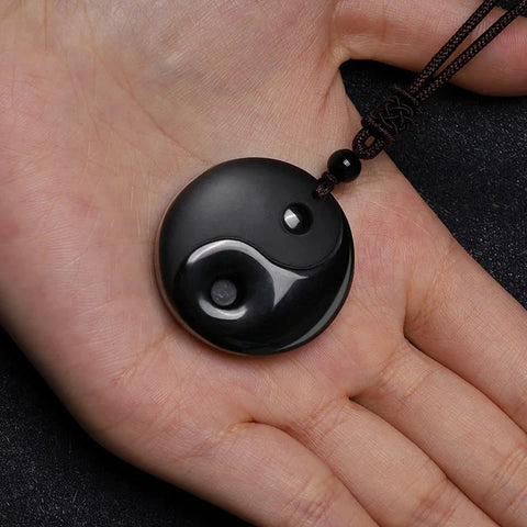 Black Obsidian Taoism Carved Purification Yin Yang Necklace Pendant