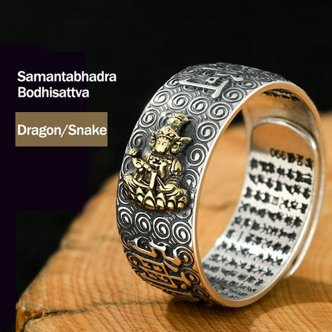 Anillo ajustable del zodiaco chino Natal Buddha Riqueza Suerte - Samantabhadra Bodhisattva-Dragón/Serpiente 