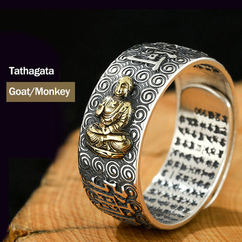 Chinese Zodiac Natal Buddha Wealth Luck Adjustable Ring - Tathagata-Goat/Monkey