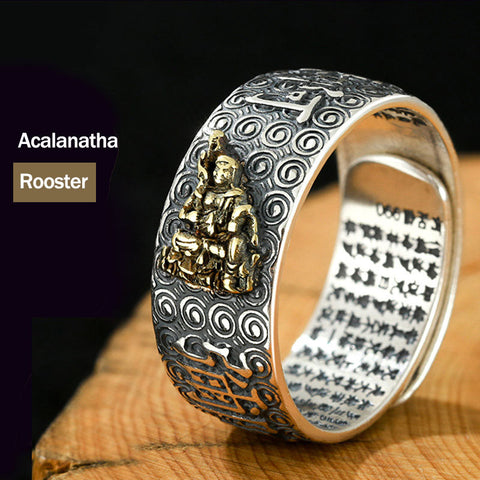 Anillo ajustable del zodiaco chino Natal Buddha Riqueza Suerte - Acalanatha-Gallo 