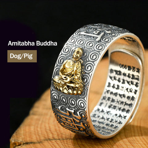 Anillo Ajustable de la Suerte de la Riqueza del Buda Natal del Zodíaco Chino - Buda Amitabha-Perro/Cerdo 