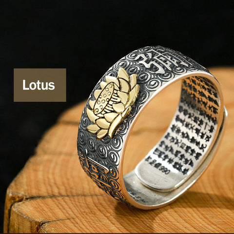 Chinese Zodiac Natal Buddha Wealth Luck Adjustable Ring - Lotus