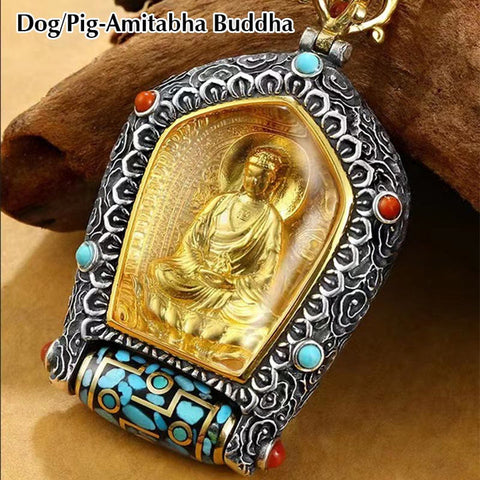 Buddha Stones Tibet Chinese Zodiac Natal Buddha Thangka Prosperity Rotatable Dzi Bead Necklace