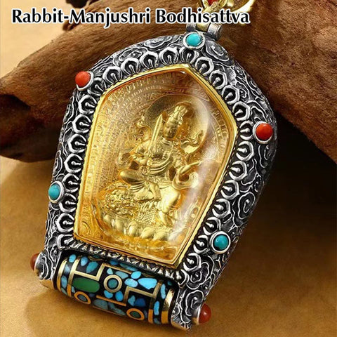 Buddha Stones Tibet Chinese Zodiac Natal Buddha Thangka Prosperity Rotatable Dzi Bead Necklace