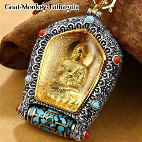 Buddha Stones Tibet Chinese Zodiac Natal Buddha Thangka Prosperity Rotatable Dzi Bead Necklace